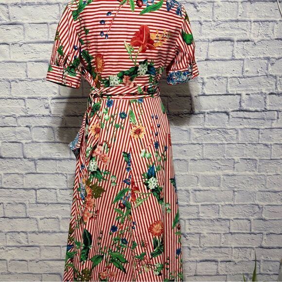 Calvin Klein Floral Striped Wrap Dress  High Low Red Pinstripe Pinup Size 8 - Picture 7 of 10